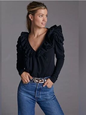 Anthropologie Black Ruffled V-Neck Long Sleeve Top